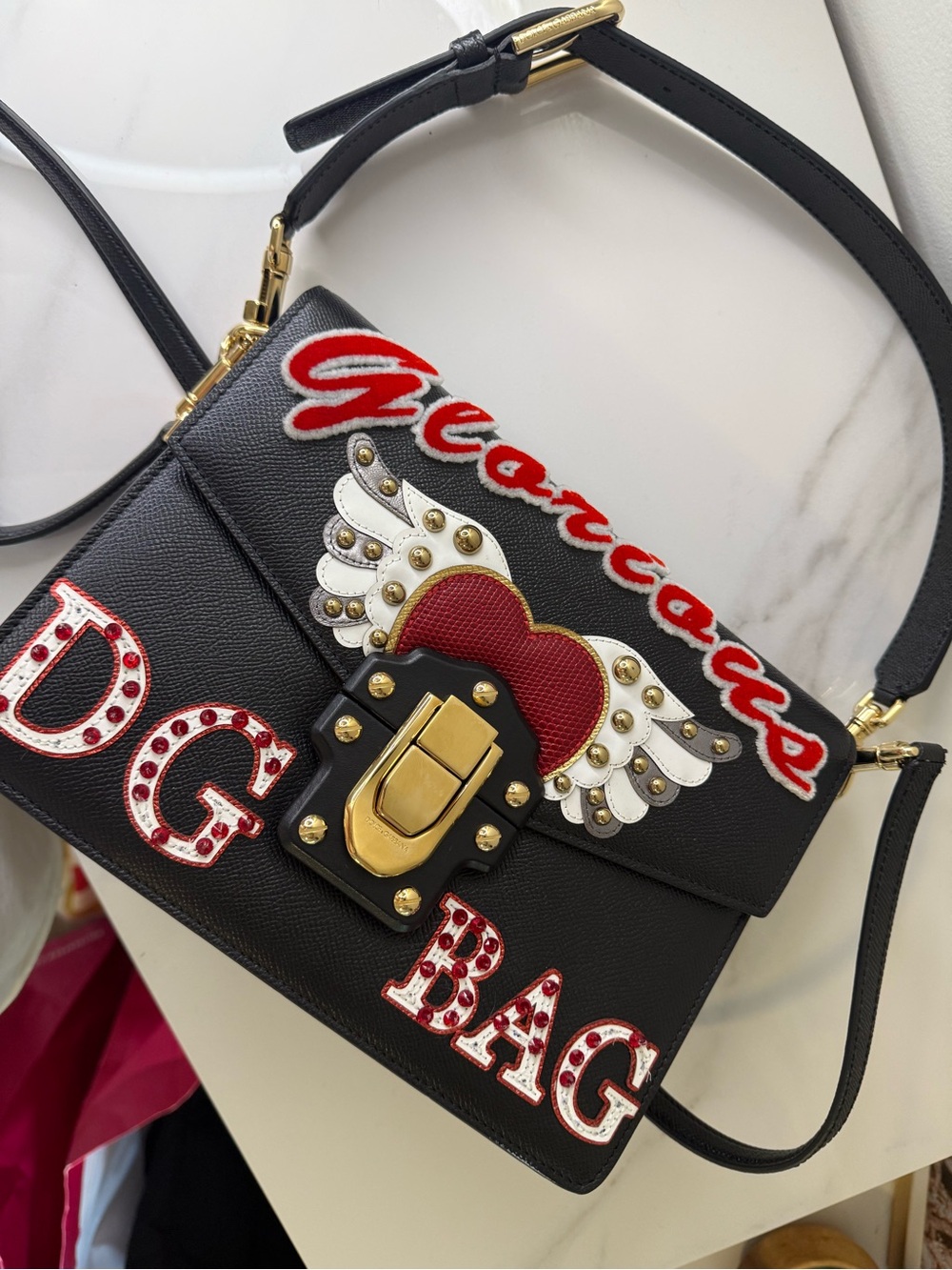 Dolce & Gabbana Lucia Glorious DG Patch Embellished Leather Shoulder Bag - Picture 2 of 11